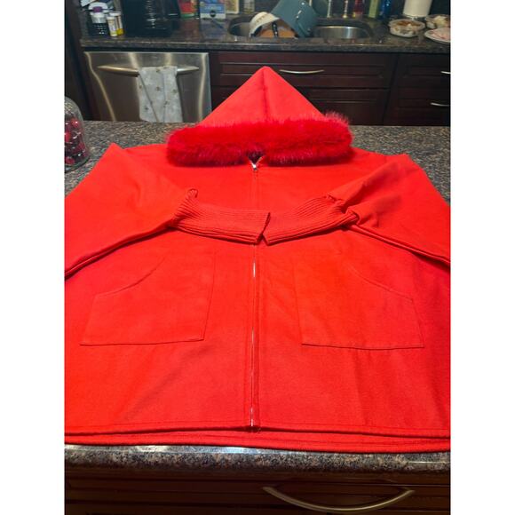 Red Zip Up Jacket Faux Fur Trim on Hood Size 2XL Runs Big NWOT - Picture 7 of 9
